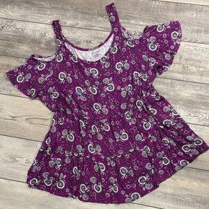 Lane Bryant Swing Tee Cold Shoulder Purple Floral Top EUC 26/28